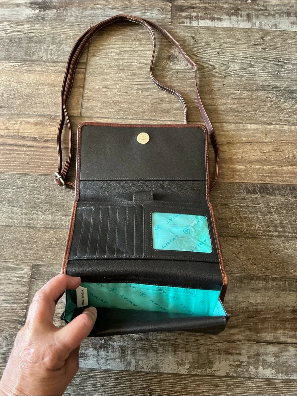 Ariat Dark Brown Leather Crossbody Wallet with Cream Stitching